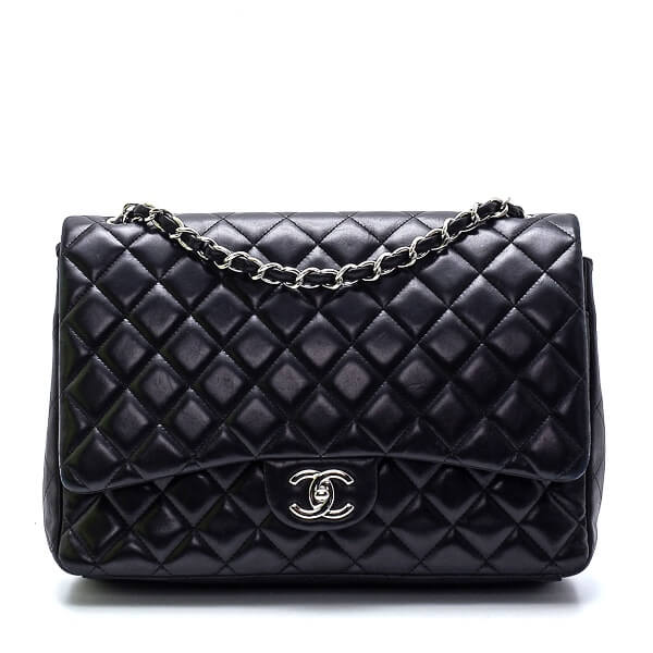 Chanel - Black Quilted Lambskin Leather Maxi Jumbo Double Flap Bag
